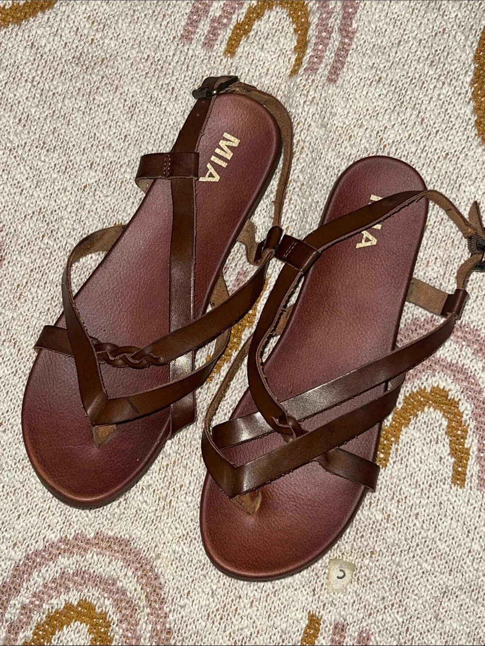 MIA Brown Leather Strappy Flat Sandals